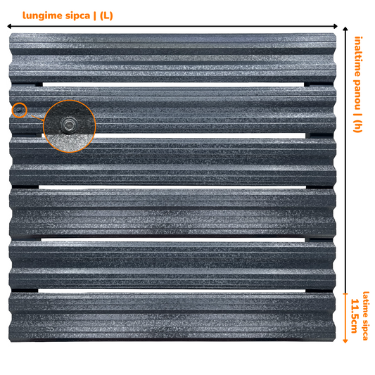 Prim-plan al modelului SIMETRICA Sipca Metalica cu finisaj de Hi-Mat în culoare Gri Perlat Pin RAL 7024, disponibil pe www.sipca.ro, fabricat de Top Profil Sistem.