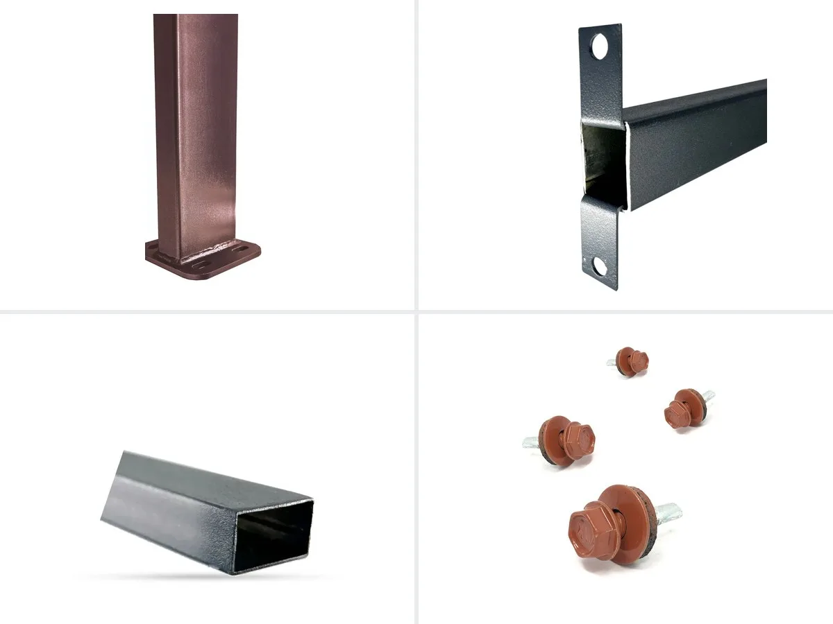Post with base plate, profile, rectangular tube and coloured screws