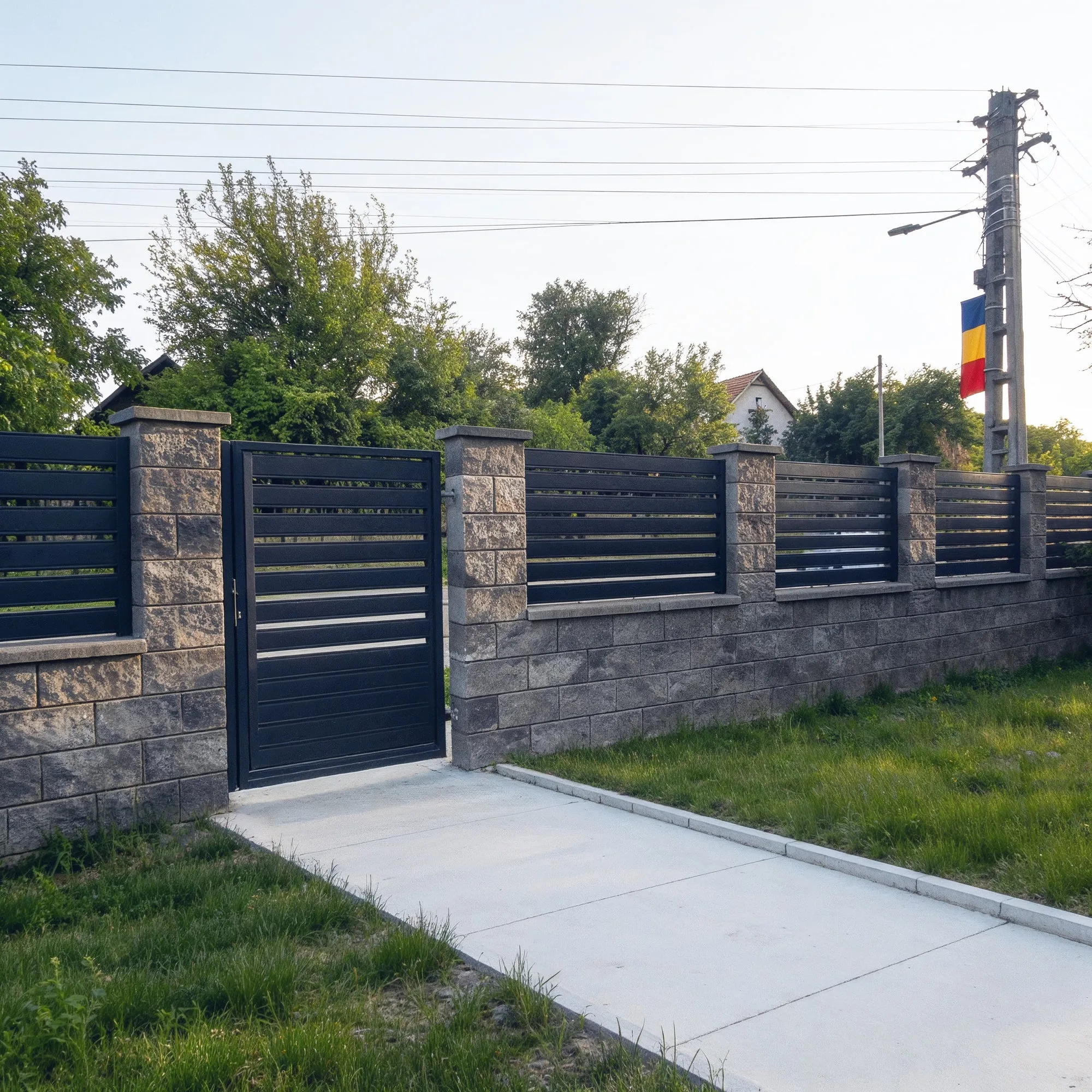 Anthracite Terra Pro fence and gate between stone pillars