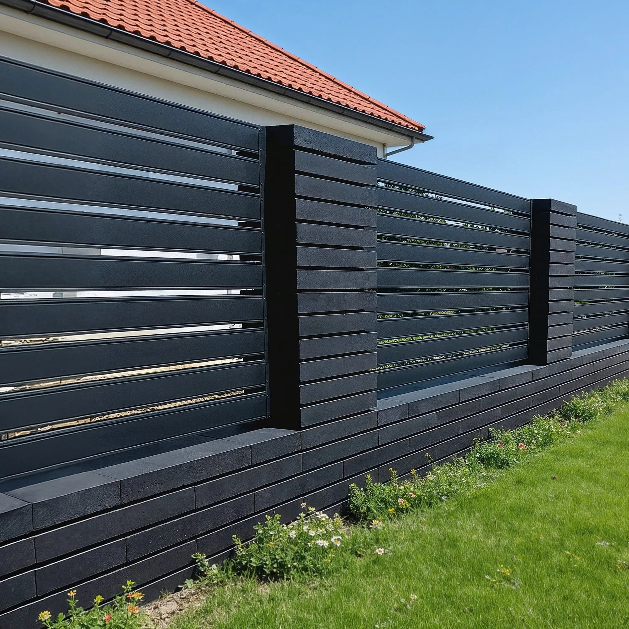 Anthracite Terra Pro fence on a base wall beside a house with a red roof